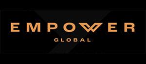 Empower Global logo, light orange text on a black background